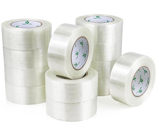 BOMEI PACK 12PACK Reinforced Packing Tape, 5.5Mil 2Inx 55Yds, Heavy Duty Filament Strapping Tape 2inch for Packing Shipping, Moving and Storage, Total 660yds
