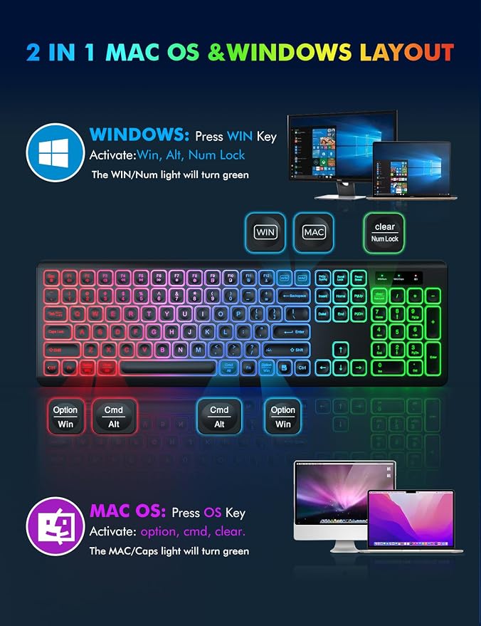 Wireless Keyboard and Mouse Combo with RGB Backlit, Rechargeable | Light Up Letters, Full-Size, Soft Typing, Sleep Mode, 2.4GHz Quiet Keyboard Set for Mac, Windows, Laptop, PC, Trueque KM42Pro