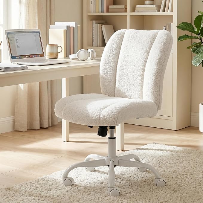 Vanity Chair with Wheels, Armless Office Chair Height Adjustable, Cute Desk Chair with Soft Lumbar Support for Small Space, Bedroom, Make-up Room, White