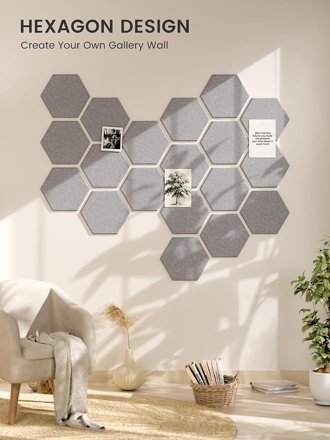 Fluxynara 12-Pack Hexagon Felt Bulletin Board Tiles, Soft Gray | Cork Board Alternative with 60 Adhesive Tabs for Notes, Photos and Reminders in Home Offices, Dorm and Classrooms