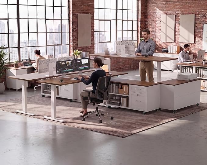 63" L Shaped Electric Standing Desk with Cabinet Sets, Walnut/White | Mobile Drawers & File Cabinet Sets for Flexible Layout, Height Adjustable Executive Stand Up Desk for Home Office Workstation