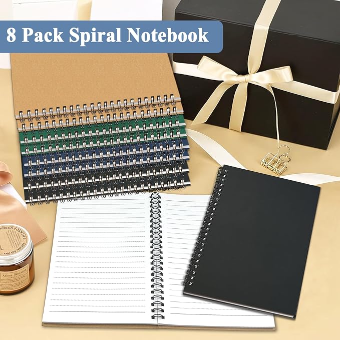 8Pack Small Spiral Notebook A5, 5.5x8.3” Notebook for Work 120Page Notepads | Colored Multipack College Ruled Notebooks A5 Kraft Spiral Bound Small Notebook Journal Lined Note Pads for Writing Journaling