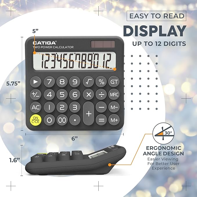 CATIGA Mechanical Switch Calculator with Solar and Battery Dual Power, 12-Digit Large LCD Display, Aesthetic and Cute Desktop Calculator with Big Button, for Home, School and Office Use, SD-1299