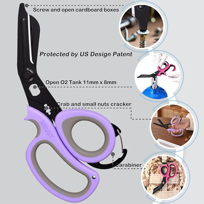 MEUUT All Purpose Scissors 2 PCS with Carabiner for Kitchen Outdoor | 7.5-inch heavy duty all purpose, Ambidextrous, micro-serrated stainless steel blades, integrated O2 wrench, soft rubber grip