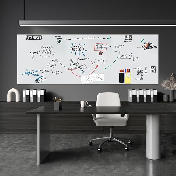 Magnetic White Board Sticker Adhesive 47"x16.5" Dry Magnetic Erase Board Paper for Wall Sticker Refrigerator Whiteboard Sheet for Teacher Supplies Include 3 Markers Eraser with Magnet