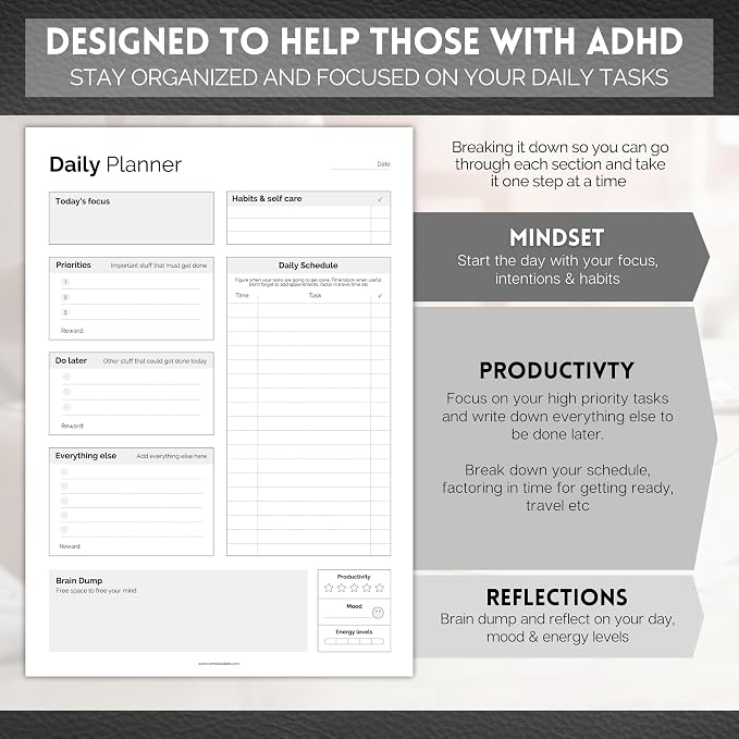 ADHD Daily Planner Notepad for Neurodivergent Adults - Productivity Daily Planner Desk Pad & Task Management to Stay Organized and Focused Note Pad (Mono, A4 Portrait)