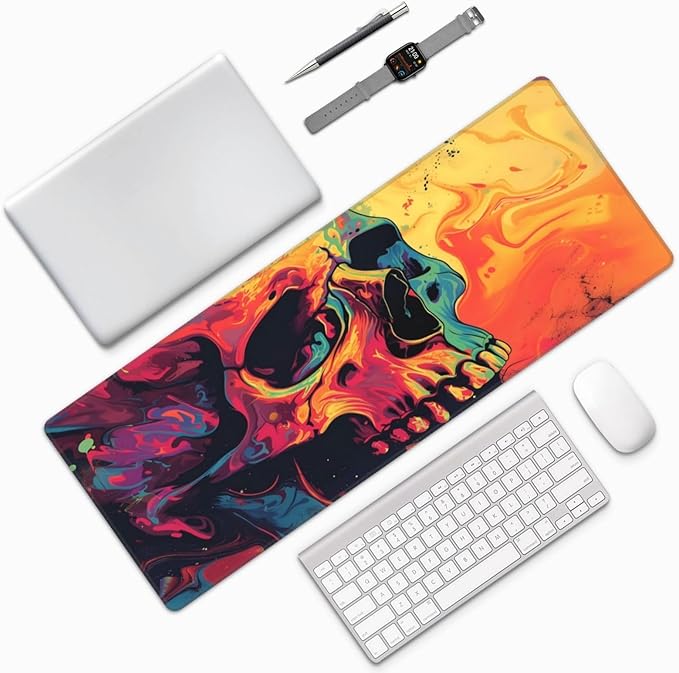 Gaming Mouse Pad Desk Pad,Extended Big Mouse Pad,31.5x11.8 Inch Long Computer Keyboard Mouse Mat Mousepad with 3mm Non-Slip Base and Stitched Edge for Gaming and Office⦠(Watercolor Skull)