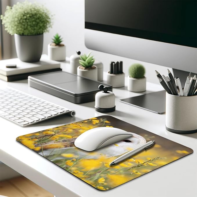 White Barn Owl Spring Yellow Wildflowers Mouse Pad, Cute Durable Desk Mat | Meadow Soft Floral Wildlife, Mousepad Stitched, Anti-Slip Base Smooth Surface, 9.5 x 7.9 Inches