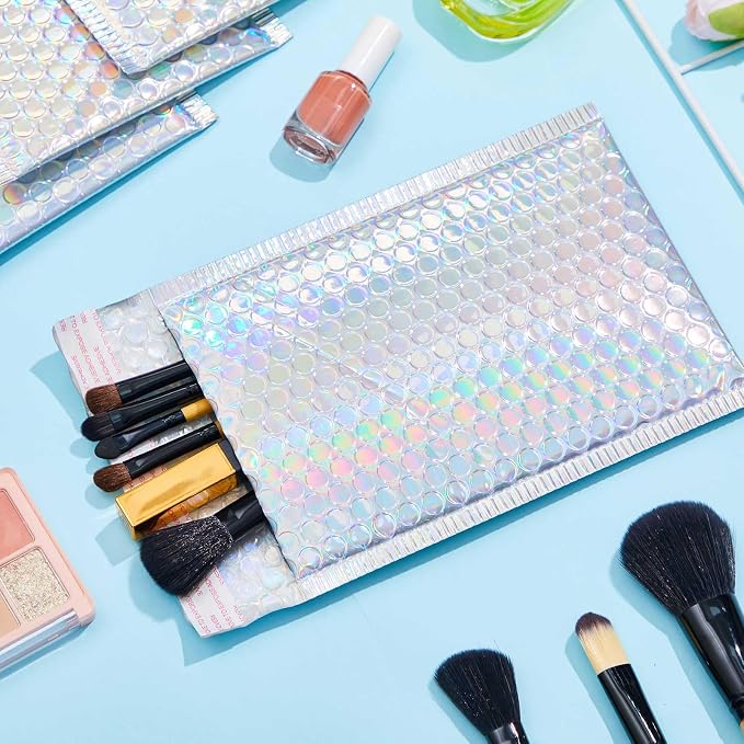 60 Pcs 8 x 11.5 Inch Holographic Bubble Mailers Metallic Bubble Envelopes Usable Size 7" x 10" Waterproof Self Seal Shipping Bags for Makeup Jewelry Small Business, Rainbow Color