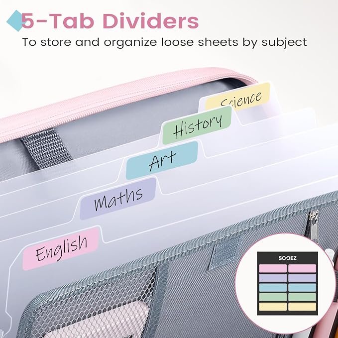 Sooez Zipper Binder Bag, 1 Inch Binders 3 Ring O-Ring, 5-Tab Divider Folder | Expanding File Folder, 500-Sheet Capacity Three Ring Binder, Cute Organizer Storage Student School Classroom Supplies, Purple