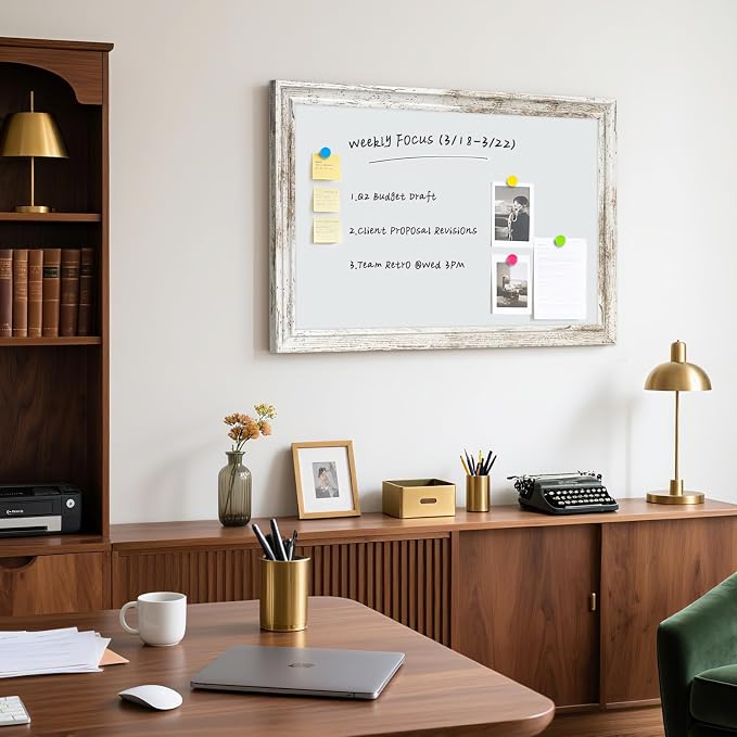 White Board for Wall, 36'' x 24'' Magnetic Dry Erase Board, Rustic | Wooden Frame, Decorative Whiteboard, Wall Mounted, for Home, Office, Kitchen, Dorm, 4 Markers, 6 Magnets, A Eraser