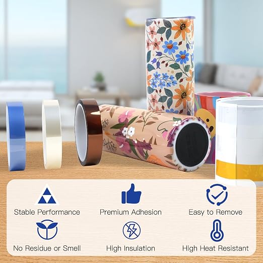 HTVRONT Heat Tape for Sublimation, 4 Rolls 10mm x33m 108ft Heat Resistant Tape for Heat Press, Heat Transfer Tape Thermal Tape for Electronics & Heat Vinyl Press Tape No Residue(Blue)
