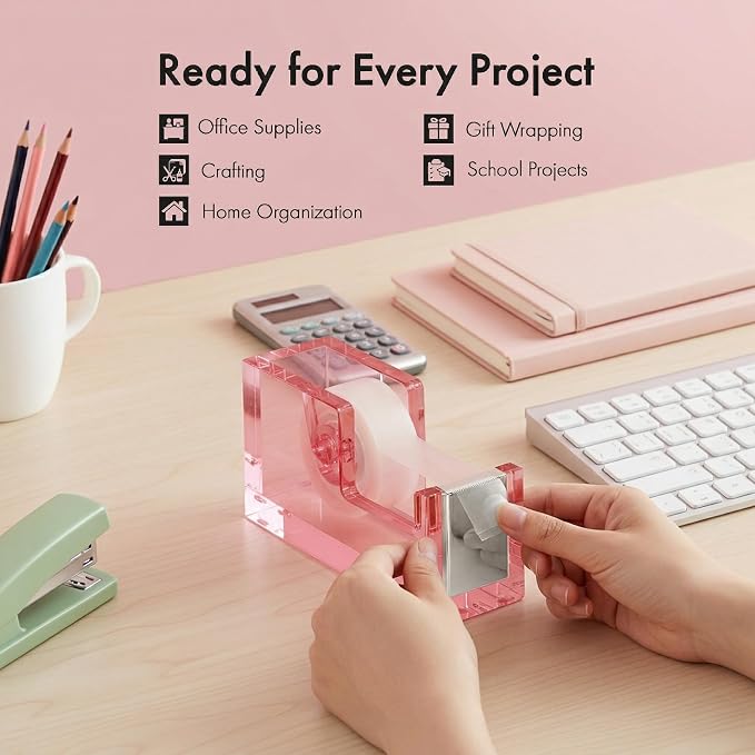 OfficeGoods Acrylic Tape Dispenser, Aesthetic and Compact Design, Pink | Modern desk accessory for office, Heavy duty refillable tape holder for crafting, Stylish desktop accessory for gift wrapping