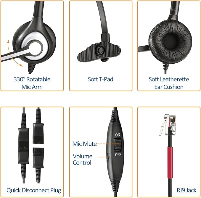 Wantek Yealink Phone Headset with Quick Disconnect Cord, RJ9 Office Telephone Headsets with Mic Noise Cancelling Compatible with Yealink VoIP Phone T21P T42S T46S T48S T27G T53W T54W Grandstream Snom