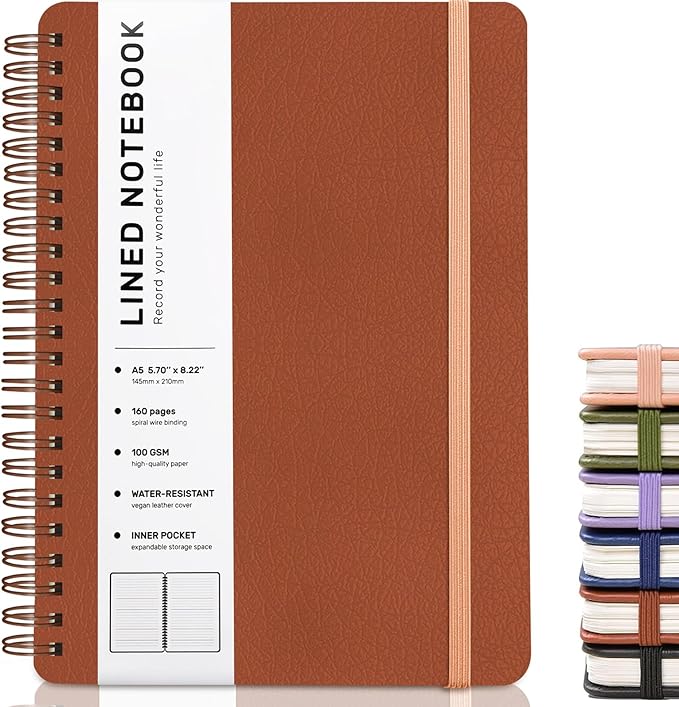 Lined Spiral Notebook for Women, A5 College Ruled Leather Spiral Journals | 160 Pages Small Journaling Notebooks, 5.7"x11" Note Book for Writing, Work, School, Men, Hardcover Leather Journals, Brown