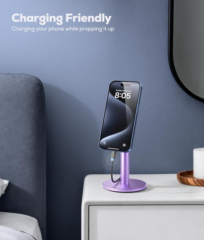 Nulaxy Magnetic Full Aluminum Cell Phone Stand with 360 Rotating, Purple | Stable Base, Includes Metal Ring, Works with Thick Cases, Hands-Free, Office Accessories, Compatible with All Phones