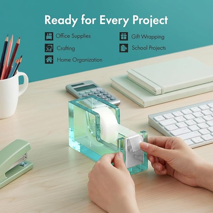 OfficeGoods Acrylic Tape Dispenser, Aesthetic and Compact Design, Green | Modern desk accessory for office, Heavy duty refillable tape holder for crafting, Stylish desktop accessory for gift wrapping