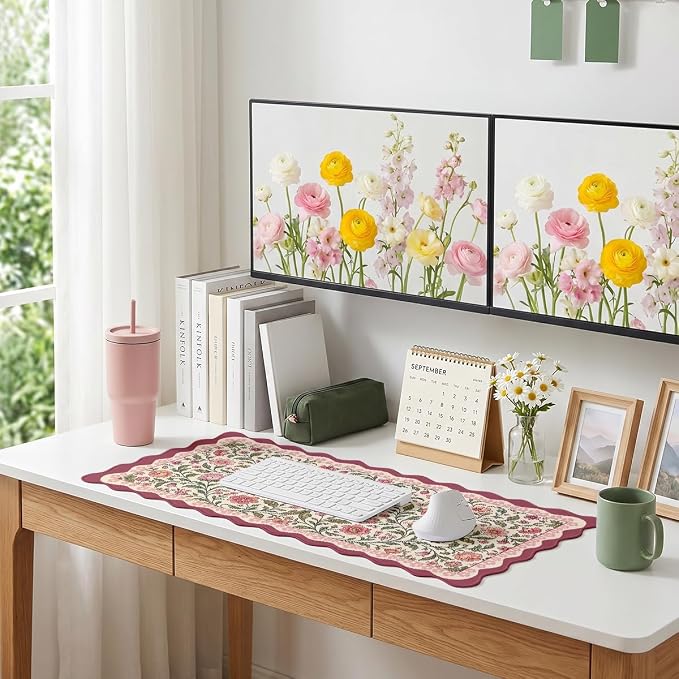 Vintage Floral Scalloped Mouse Pad Pink Olive Botanical Olive Vine XL Mouse Pad Large Mousepad Extended Laptop Keyboard Mat Gaming Desk Pad Office Computer Keyboard Laptop Home 31.5"x15.7"