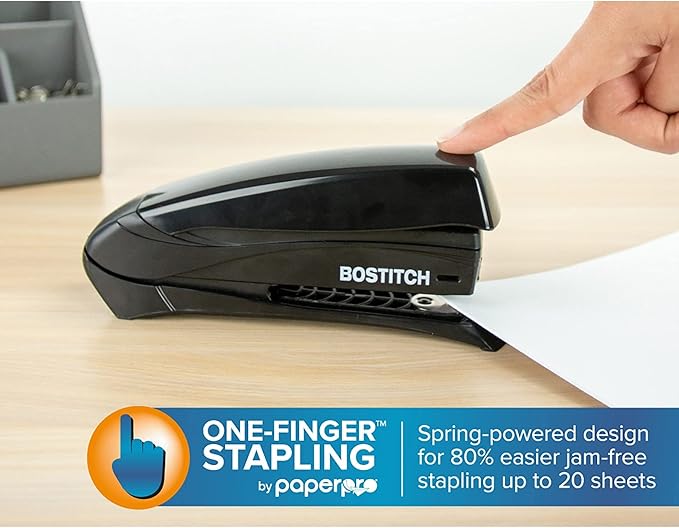 Bostitch Office Inspire 20 Sheet Stapler, One Finger, No Effort, Spring Powered Stapler, Black