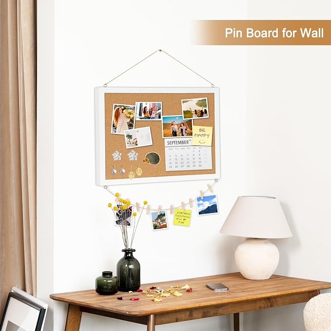 Double-Sided Small Wood Framed Cork Board for Wall, 16" x 12" | Hanging Bulletin Board, Picture Display Vision Board Corkboards for Wall Room School Office Decor,10 Pushpins (Vintage White)