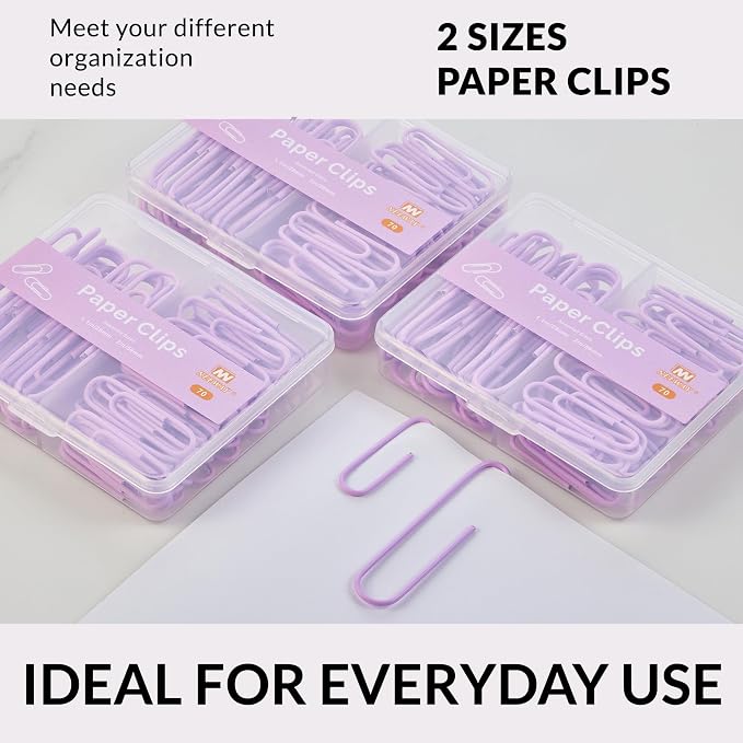 NEEWAY Colorful Paper Clips Assorted Sizes, Small and Large Paperclips, 210 Count, 3 Pack of 70 (Light Purple)