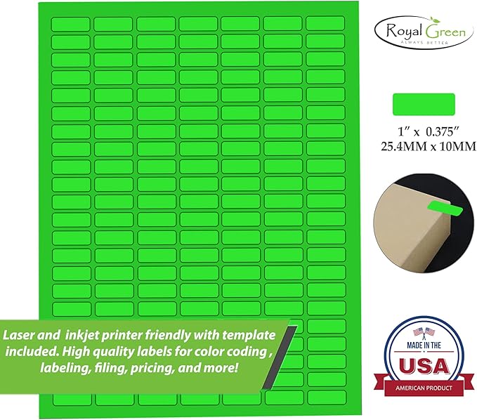 Printable Rectangle Labels, 1 x 0.375 Inch - 1078 Pack | Neon Green printable labels for inkjet & laser printers. Template included.