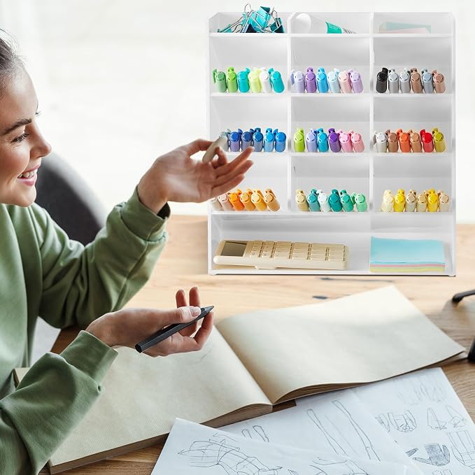 MotiMind Acrylic Pen Organizer Storage for 150 Markers Vertical Marker Organizer Acrylic Pen Display Holder for Office Desk Desktop Stationery Pencil Storage, White, 10.2 x 4 x 9.8 Inch