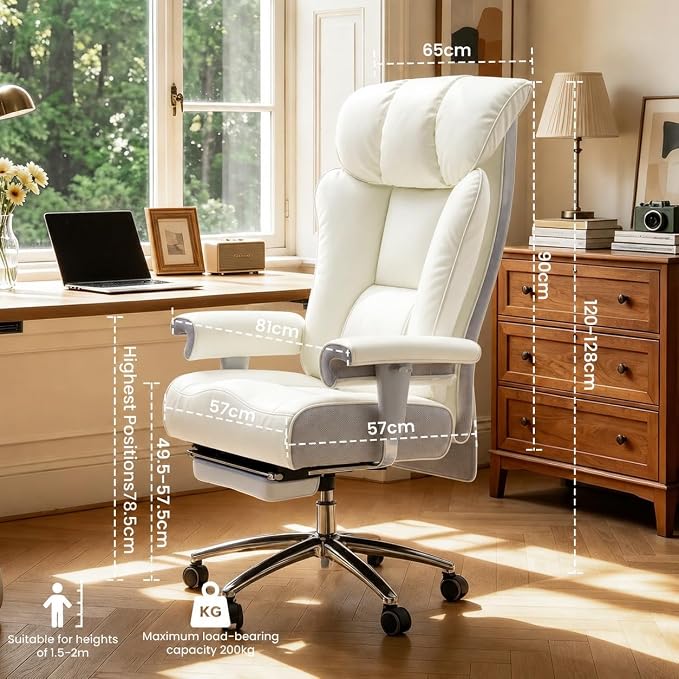 Efomao Big and Tall Executive Office Chair 450lbs,White | 5.9" Thick Pocket Spring Cushion, Reclining Breathable PU Leather Desk Chair with Foot Rest, Soft Comfortable Support