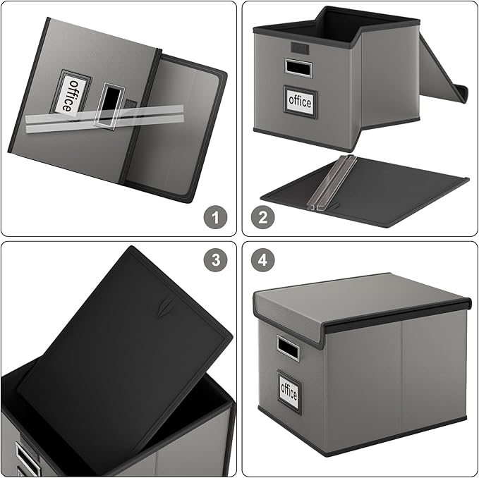 File Organizer Box with Lids, Collapsible File Folder Organizer | File Box with Plastic Slides for Document, Filing Bin for Letter Size Hanging File Folders (1 Pack, Dark Gray, Leather)