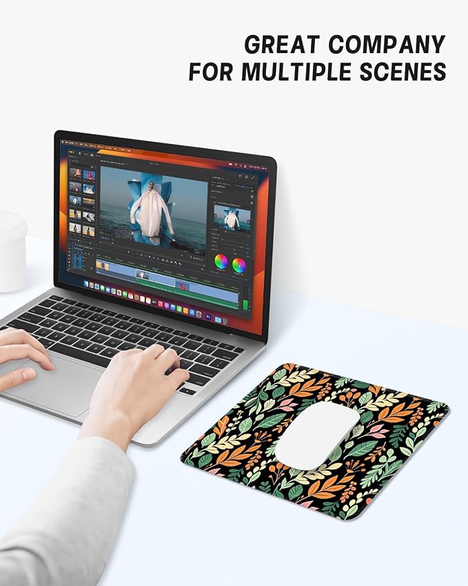 Mouse Pad, Cute Mouse Mat, 10" x 8", Black Leaf -01 | Square Waterproof Gaming Computer Mat, Textured Top, Stitched Edges, Non-Slip Rubber Base for Office Home Laptop Keyboard