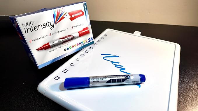 BIC Intensity Advanced Colorful Dry Erase Markers, Chisel Tip, 24-Count | Ideal for Teachers and Office Use | Smooth Flowing Liquid Ink | Easy Erase for Quick Cleanup | Non-Toxic, ACMI-Approved
