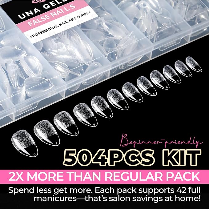 UNA GELLA Short Almond Nail Tips 504PCS Short Fake Nails Soft Press Ons | Gel Nail Tips Pre Shaped Almond Shape Home Nail Extension Full Cover, 12 Sizes Acrylic Gelly Tips