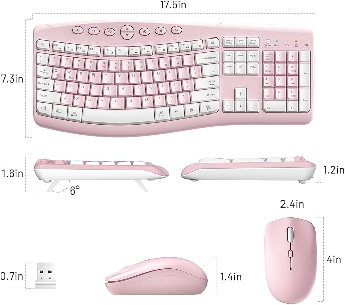 Wireless Keyboard and Mouse Combo Silent Ergonomic Curved Design for Office | 2.4G Full Size Cordless Keyboard with Tilt Legs,3-Level DPI Quite Mouse for Windows,Mac OS/Desktop/Laptop/PC