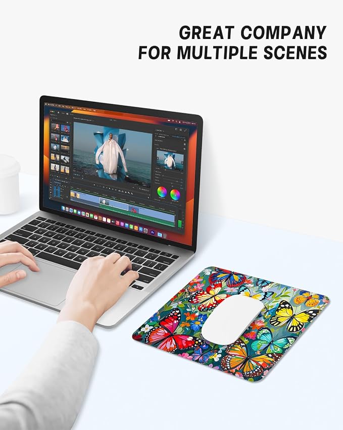 Mouse Pad, Cute Mouse Mat, 10" x 8", Colorful Butterfly | Square Waterproof Gaming Computer Mat, Textured Top, Stitched Edges, Non-Slip Rubber Base for Office Home Laptop Keyboard