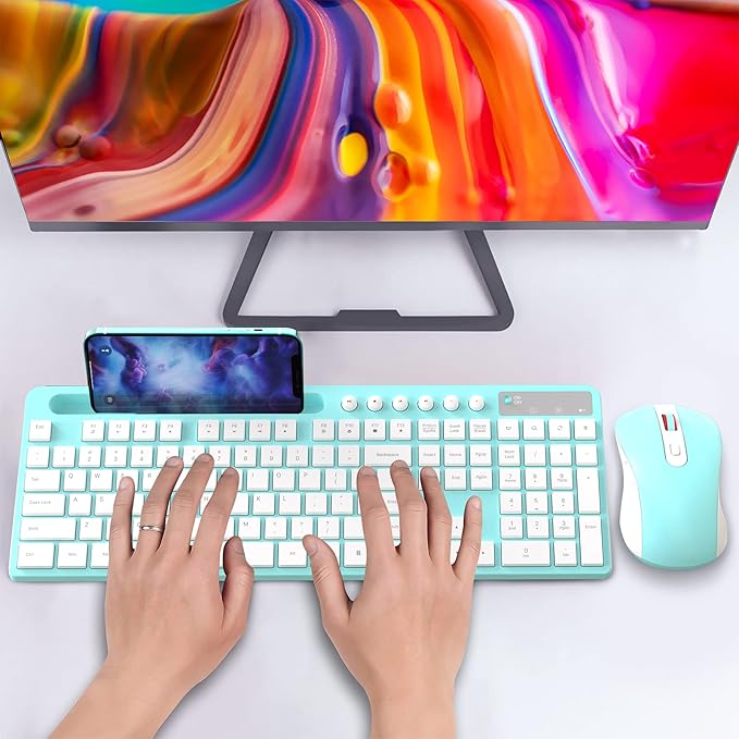 Wireless Keyboard and Mouse Combo, MARVO 2.4G Ergonomic Wireless Computer Keyboard with Phone Tablet Holder, Silent Mouse with 6 Button, Compatible with MacBook, Windows (Blue)