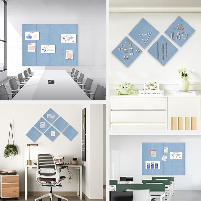 48" x 36" Large Felt Bulletin Board 1/2" Thick, Light Blue | 12 Pack Felt Tiles, Cork Board Alternative, 60 Adhesive Tabs, Pin Board for Home Office Decor with Easy Install