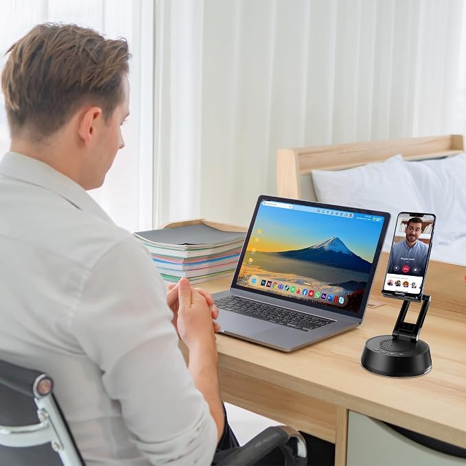Cell Phone Stand with Wireless Bluetooth Speaker,Adjustable Height and Angle Phone Stand for Desk, HD Stereo Sound & Anti-Slip Base Phone Holder Speaker Compatible with iPhone,Gifts for Men Women