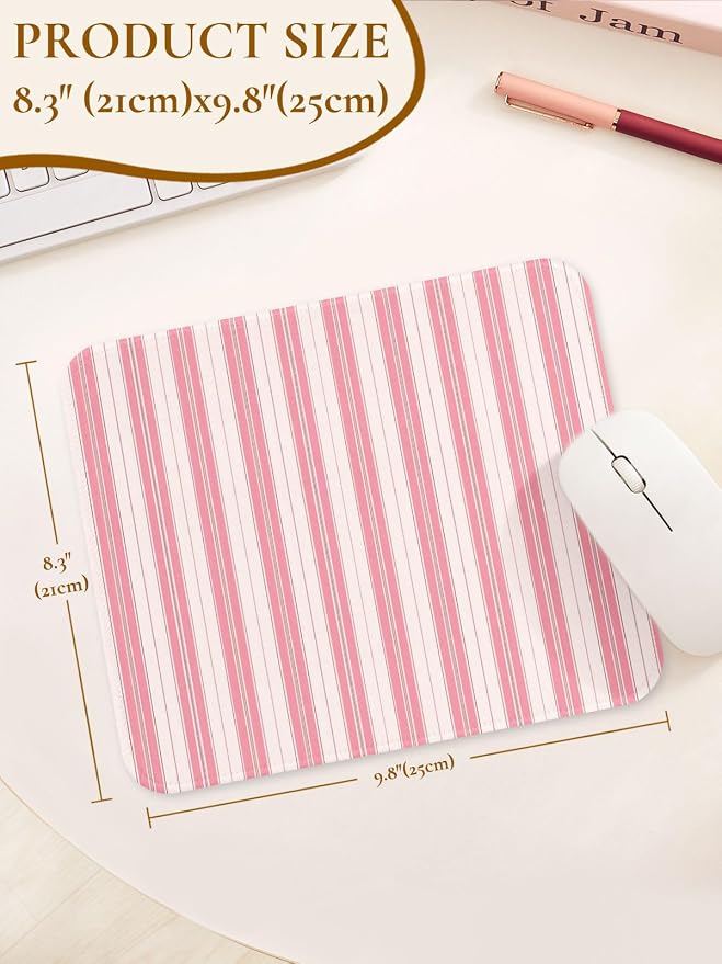 Square Cute Striped Mouse Pad with Stitched Edge, Premium Waterproof Cloth Aesthetic Small Stripe Mouse Mat, Non-Slip Rubber Base Funny Mousepad Desk Accessories,Striped Light Pink
