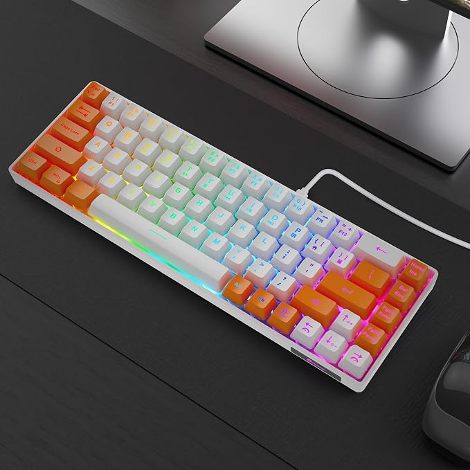 GEODMAER 65% Gaming Keyboard, LED Backlit Mini Wired Keyboard, Ultra-Compact Anti-Ghosting No-Conflict 68 Keys Membrane Gaming Wired Keyboard for PC Laptop Windows Gamer(White-Orange)