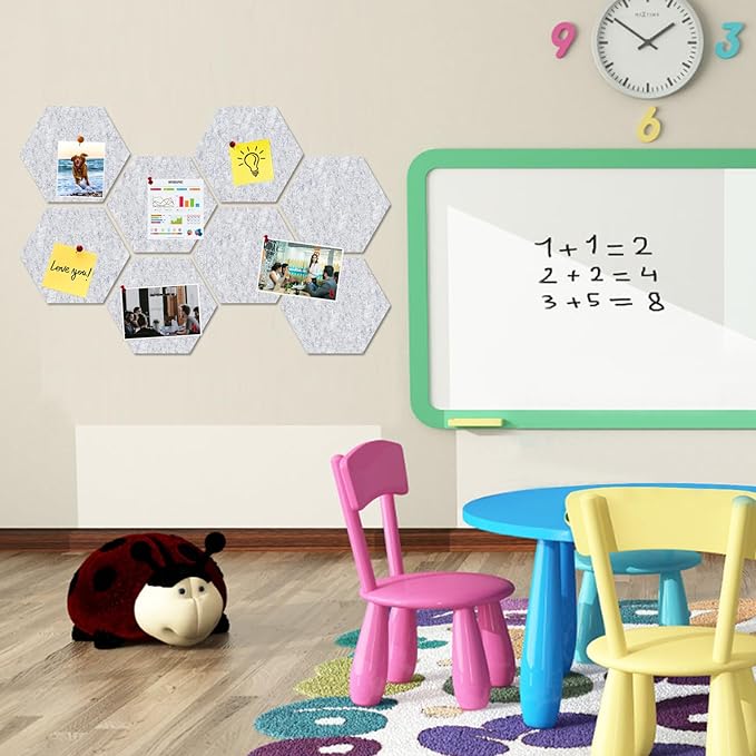 Large Hexagon Felt Cork Board Tiles, Self Adhesive DIY Felt Bulletin Board Pin Board with 35 Pushpins for Office School Home Wall Decor Stickers Memos Photos Display(Light Grey)
