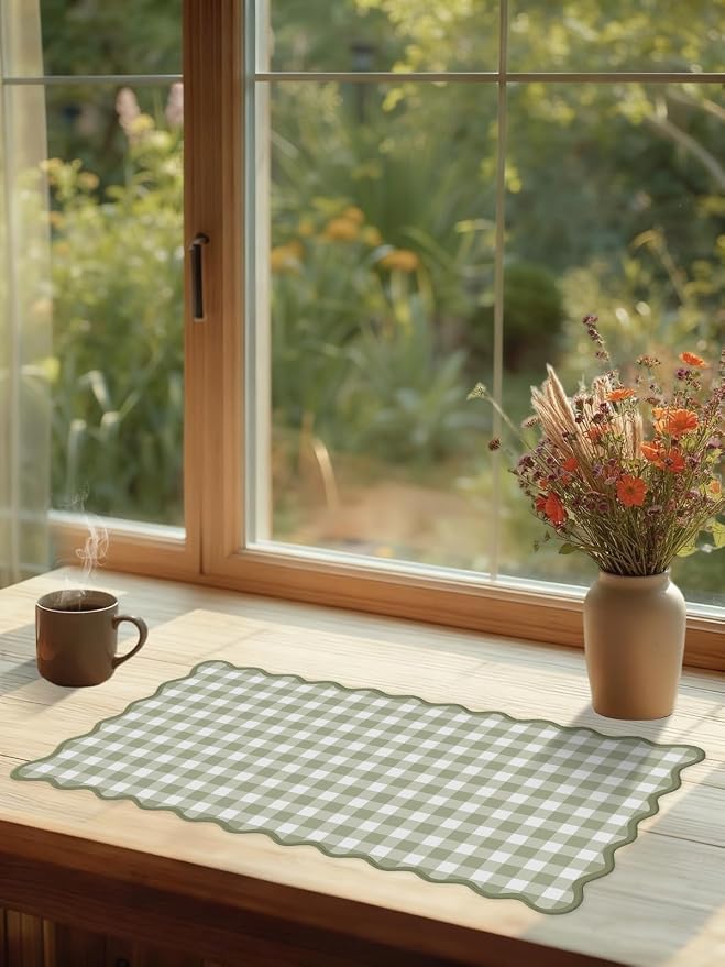 Scalloped Green Checkered Desk Mat Cute Pastel Large Gaming Mouse Pad Gingham Kawaii Cottagecore Vintage Girly Keyboard Computer Mat Aesthetic Desk Pad Accessories Office Decor for Women