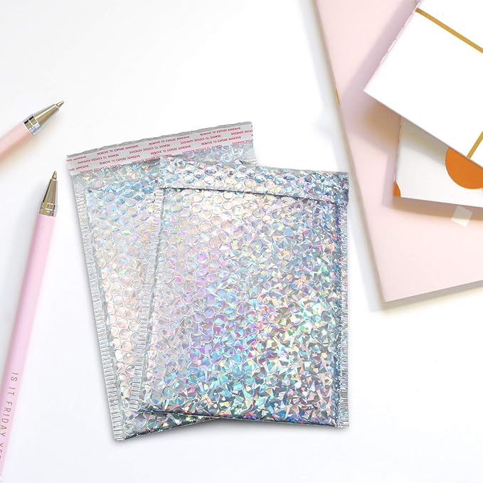 30 Pieces Holographic Bubble Mailers Padded Mailer Holographic Bubble Mailers Padded Envelopes Self Sealing Cushion Envelopes for Mailing, Shipping and Packing(Silver, 9.5 x 6 Inch)