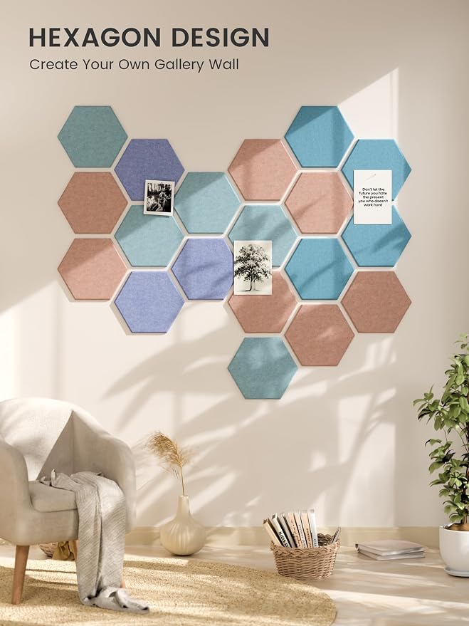 Fluxynara 12-Pack Hexagon Felt Bulletin Board Tiles, Coastal Haze-1 | Cork Board Alternative with 60 Adhesive Tabs for Notes, Photos and Reminders in Home Offices, Dorm and Classrooms