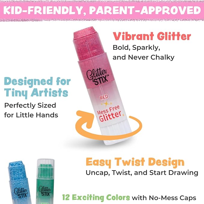Glitter Stix Mess-Free Glitter Sticks, Set of 12 Colors - Solid Shimmer Topcoat for Coloring Pages, Crafts & Art Projects, No Loose Glitter or Glue, Pairs with Kwik Stix Paint Sticks for Kids