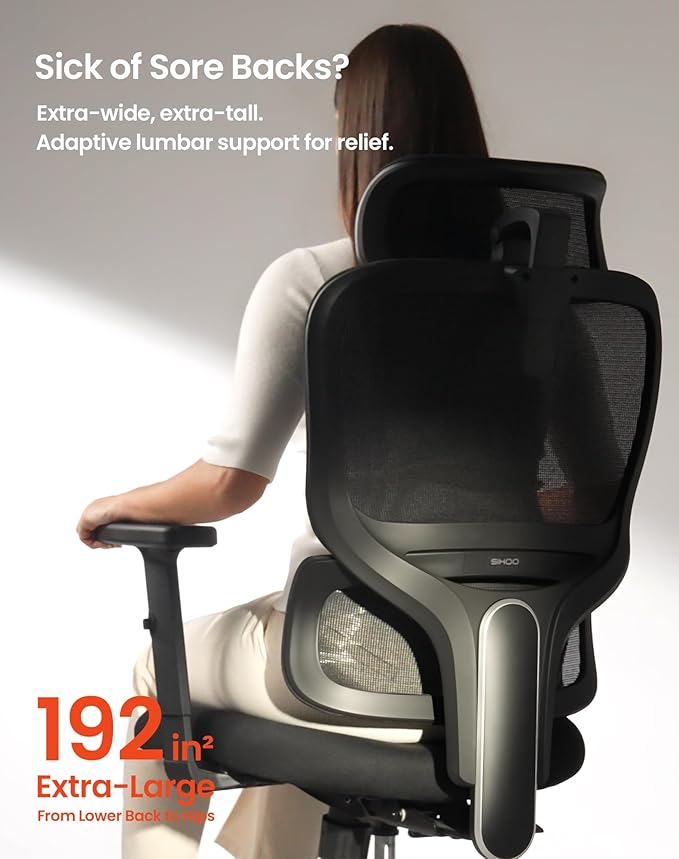 SIHOO M56 Ergonomic Office Chair, Dual Backrest, Adaptive Lumbar Support | 3D Coordinated Armrests, 4-Level Backrest Height, 110°–130° Recline, Weight-Sensing Tilt, Dark Black