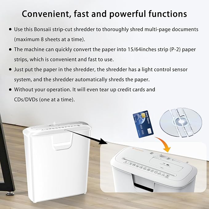 Bonsaii 8-Sheet StripCut Shredder - High Security, CD/Credit Card, Overheat Protection, 3.4 Gal Bin, Ideal for Home Office, Low Noise Operation, White