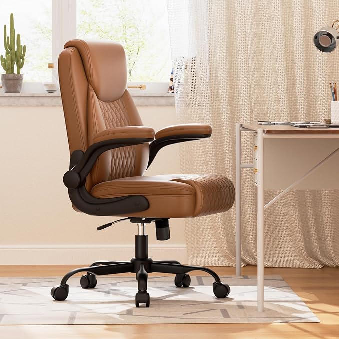 GTPLAYER PU Leather Office Chair, Home Desk Chair with Flip-up Arms, Brown | Ergonomic Back, Comfy Executive Chair for Home Office Gaming, Flexible Rocking, Heavy Duty Chairs