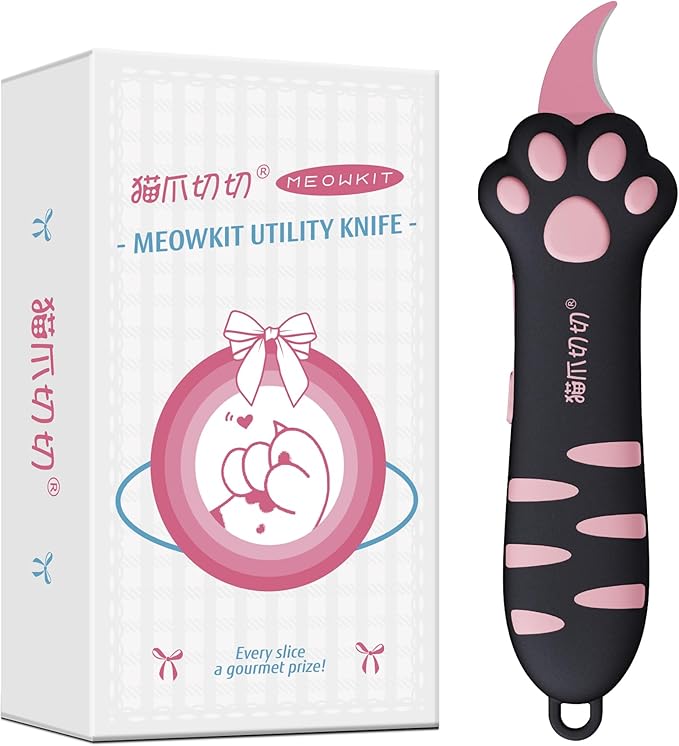 Cat Paw Box Cutter Retractable with Cat Paw Handle, Multifunctional Knife Set (Black)