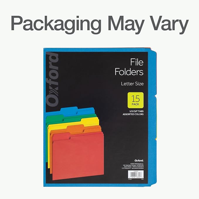 Oxford Colored File Folders, 15 Pack, 3 Tabs, 5 Assorted Colors, Letter Size (8.5" x 11"), Color-Coding for School, Office & Home Document Organization
