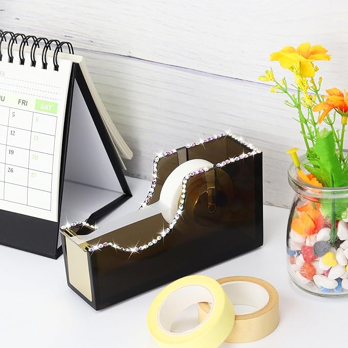 Buqoo Desk Tape Dispenser Acrylic Clear Black Non-Skid Tape Cutter Holder for Desk Supplies Office, Home and School